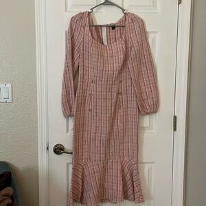 SHEIN Modely Plaid Lantern Sleeve Fake Button Mermaid Hem Tweed Dress